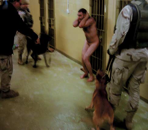 An Iraqi man naked and threatend with dogs held at the US 
administrated Abu Ghraib prison