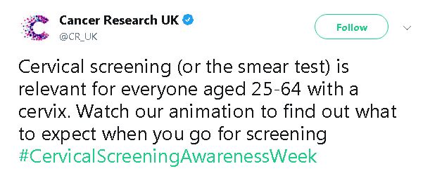 Cervical screening (or the smear test) is relevant for everyone aged 25-64 with a cervix. Watch our animation to find out what to expect when you go for screening