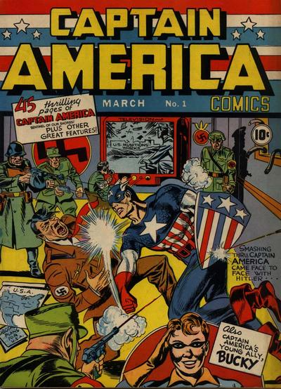 cover of Captain America Comics #1, with Cap punches Hitler