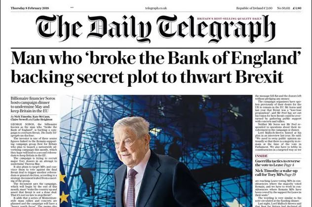 Daily Telegraph headline: Man who broke the Bank of England backing secret plot to thwart Brexit