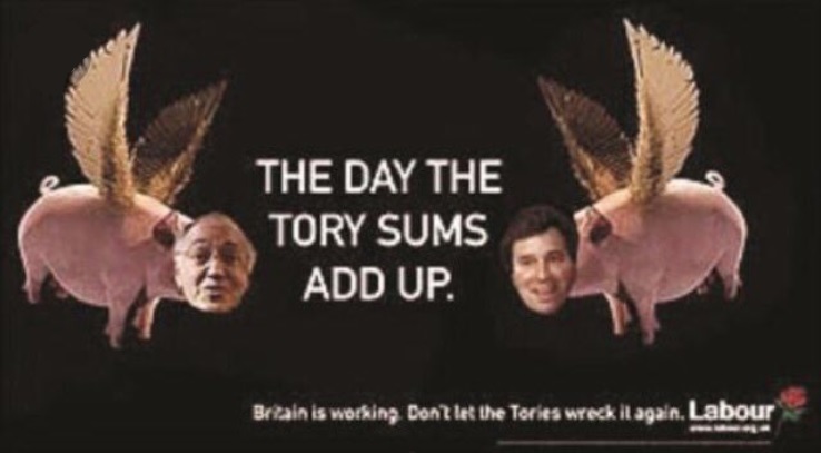 Labour 2005 election poster showing Oliver Letwin and Michael Howard as flying pigs