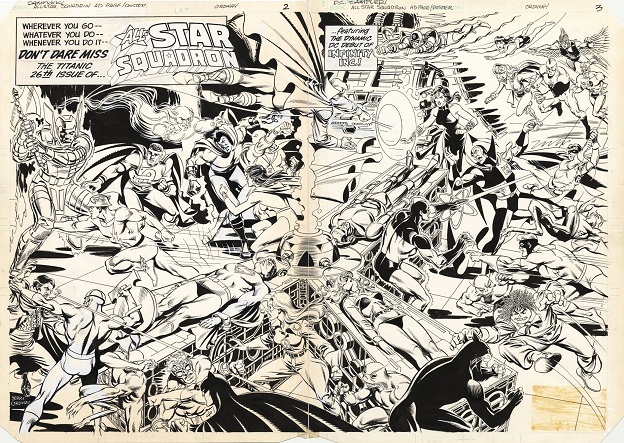 Jerry Ordway original art for an All Star Squadron splash page with the debut of Infinity Inc.
