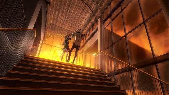 kiznaiver: Sonozaki pushing Katsuhira down the stairs