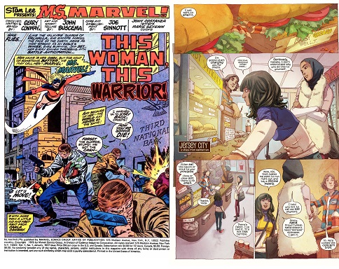 comparing the first pages of Ms Marvel v1 and Ms Marvel v3