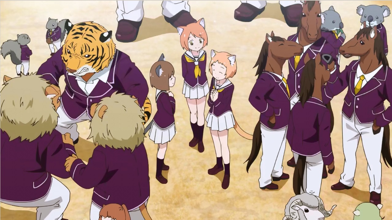 Murenase Seton Gakuen: a crowd of animal people with the boys all proper animals and the girls just have animal ears and a tail