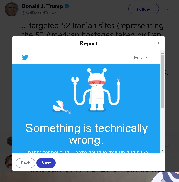 reporting a Trump tweet gives a technical error