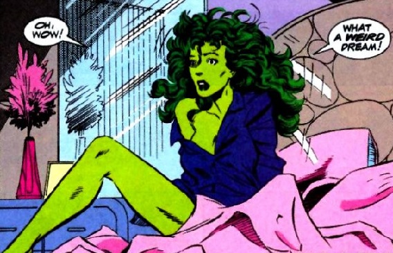 She-Hulk wakes up from a weird dream, in Sensational She-Hulk #31