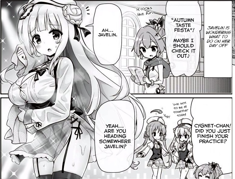 Azur Lane Slow Ahead: a 4-koma gag strip interrupted by a cheesecake drawing