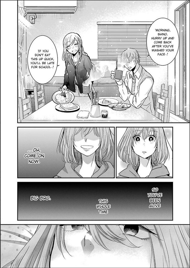 A manga page showing a girl seeing her dead brother eating breakfast and getting excited he is actually alive before waking up