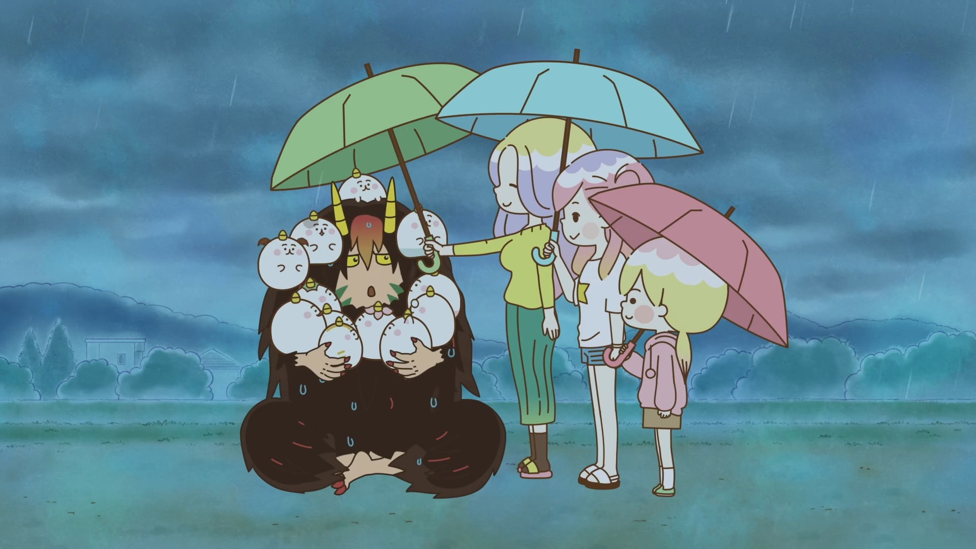 A goat footed, horned devil holding his twelve fluffy round underlings as three women hold an umbrella over his head