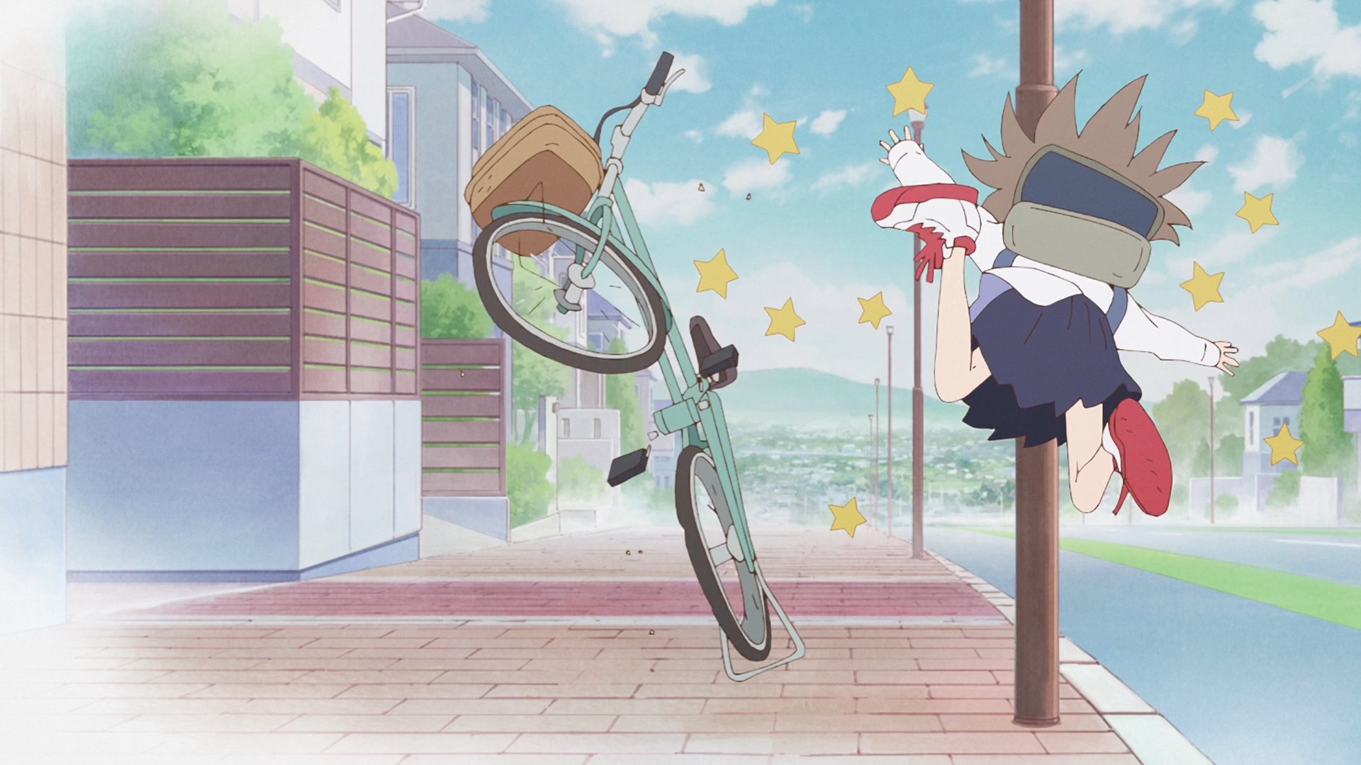 Slightly spacey Yua Serufu face plants right into a lamp post as her bike flies away after spending a bit too much time day dreaming.
