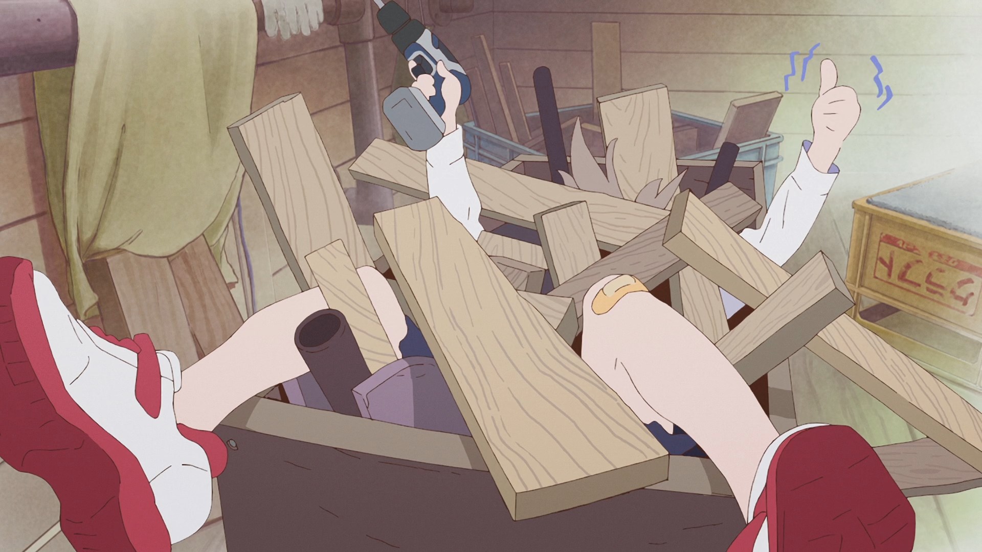 Our protagonist Yua Serufu barely visible under a pile of debris, sticking up her hand in an okay sign