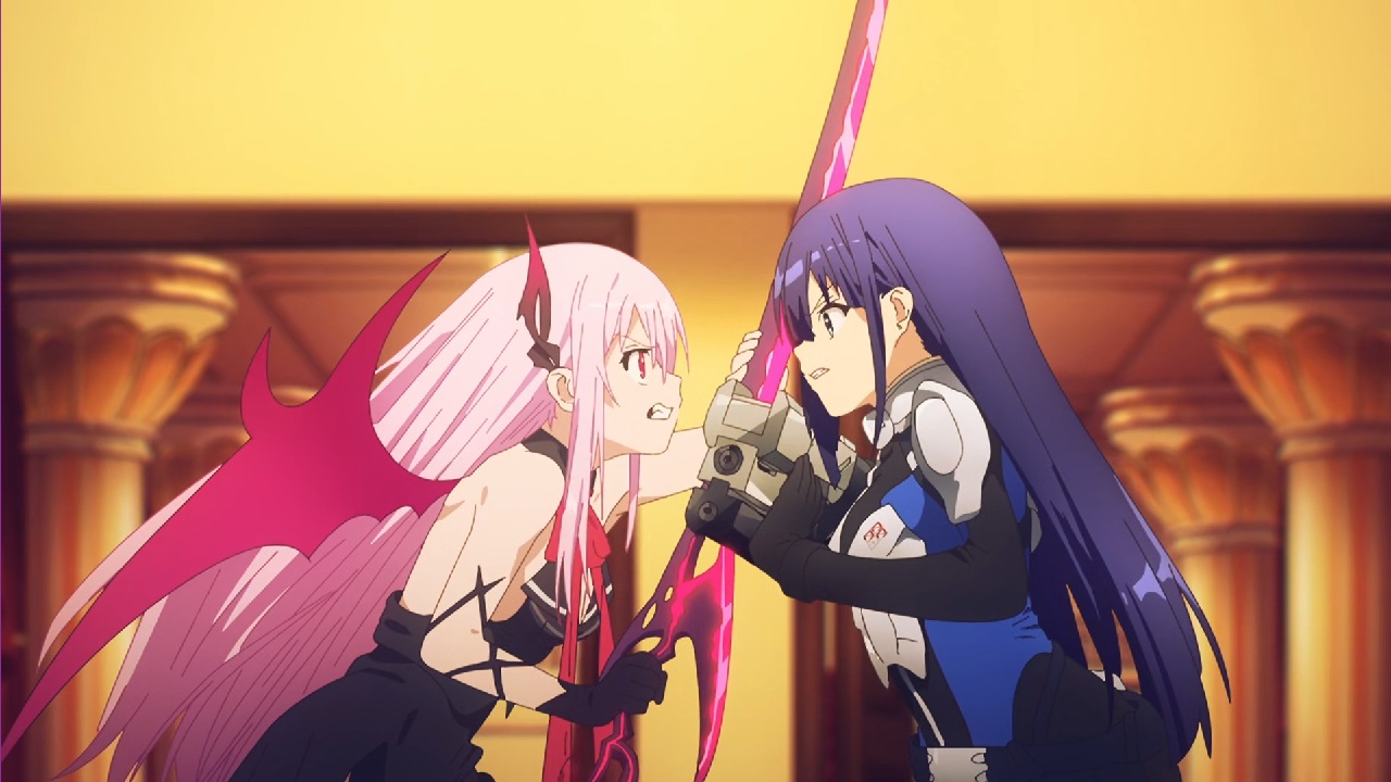 Pink haired winged demoness with big sword takes on gun wielding armour wearing raven haired ex-girlfriend