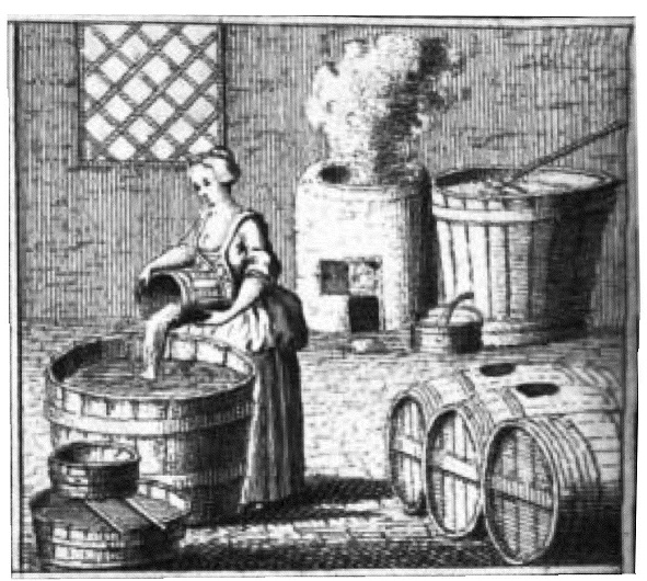 Gravure of female beer brewer