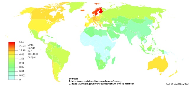 Map showing the density of heavy metal bands per country