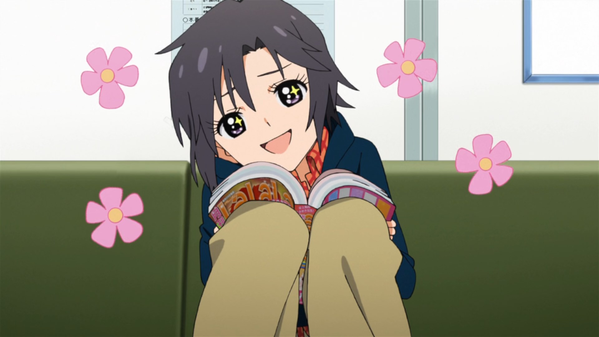 Makoto reading a shojo manga with big sparkling eyes and flowers popping up around her