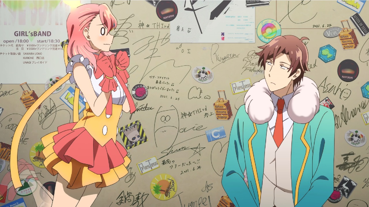 A floating girl in idol costume, her legs see through in conversation with a bored looking man in a school uniform with a ruff