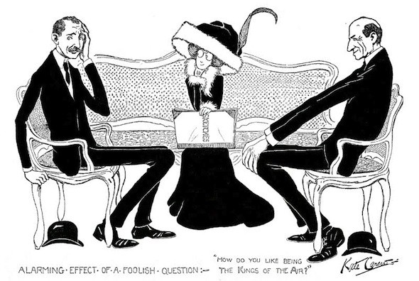 Kate Carew caricature of herself interviewing the Wright Brothers