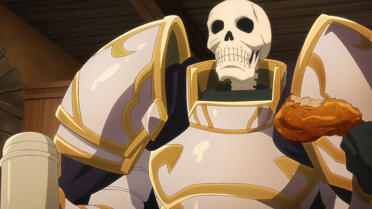 Happy skeleton knight eating and drinking