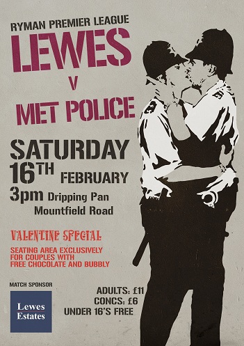 Lewes F.C. kissing policeman match day poster