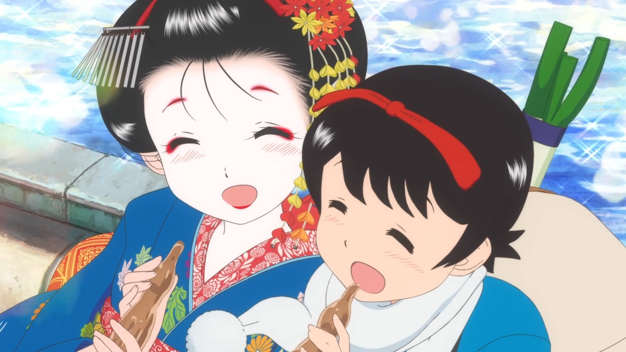 Sumire in maiko outfit and makeup shares an ice lolly with Kiyo