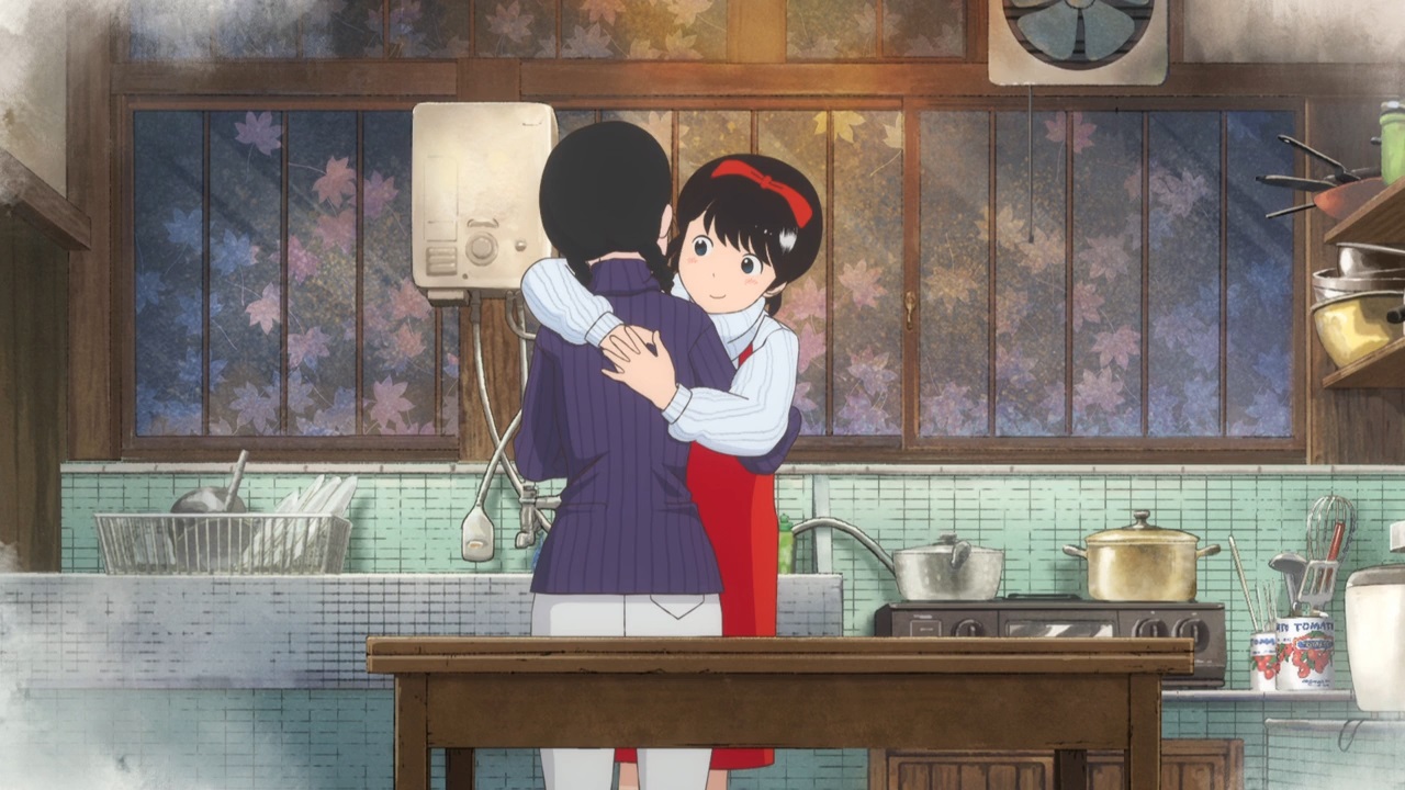 Kiyo hugs Sumire against the background of the kitchen
