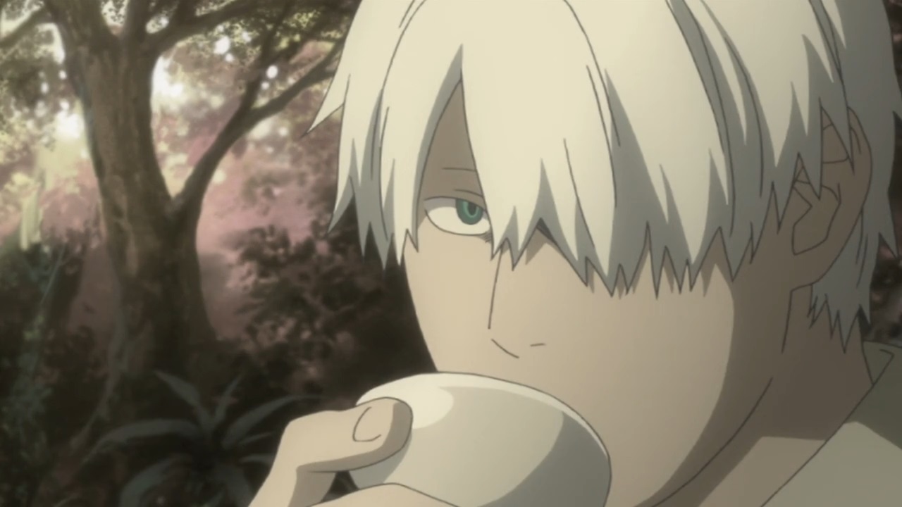 Ginko is a white haired man with green eyes, one eye hidden behind a lock of hair