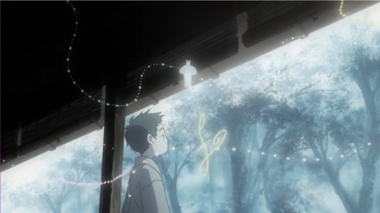 Mushishi represented with simple dotted lines and jellyfish like shapes floating across the screen as a child looks on