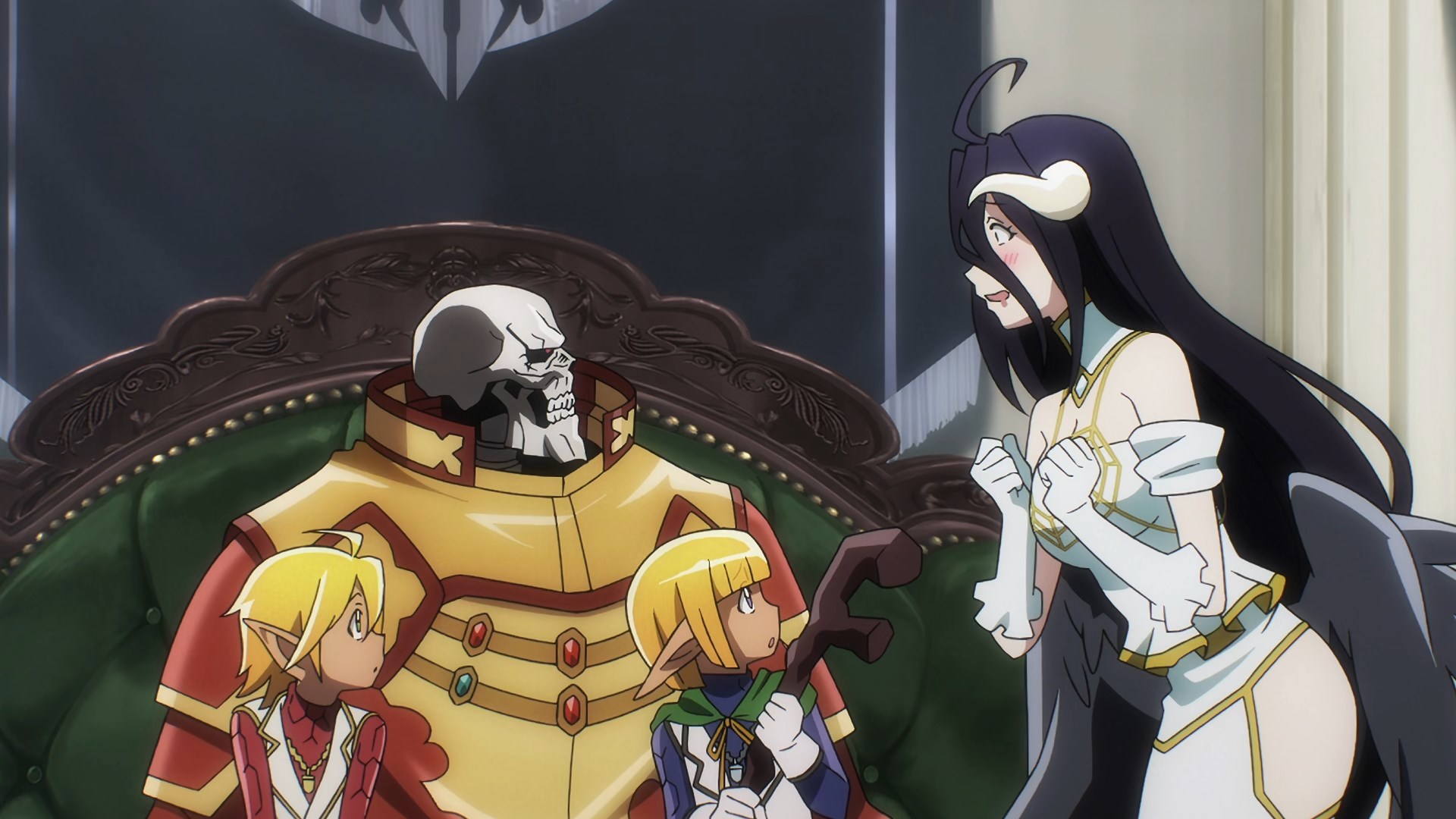 A big skeleton in gold armour with two small elf children on his lap while a succubus woman looks on enviously