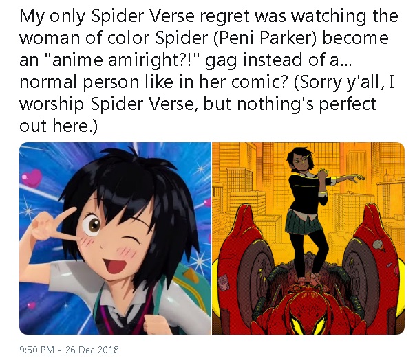 complaining about Peni Parker being too anime when that is the whole point