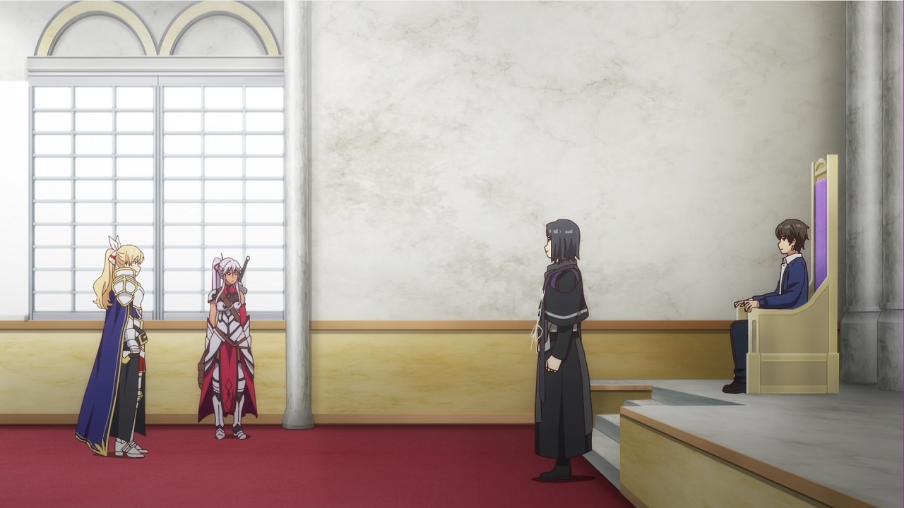 Our protagonist in his school uniform on his throne looking at an empty room but for the knight standing in front of him