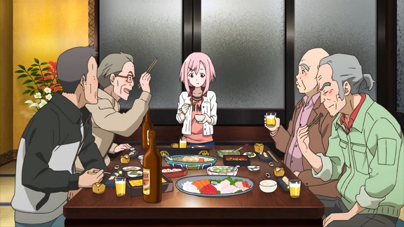 Sakura Quest: our heroine surrounded by wrinklies
