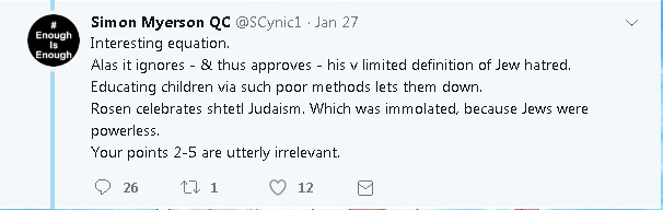 Interesting equation.
Alas it ignores - & thus approves - his v limited definition of Jew hatred. Educating children via such poor methods lets them down.
Rosen celebrates shtetl Judaism. Which was immolated, because Jews were powerless.
Your points 2-5 are utterly irrelevant.