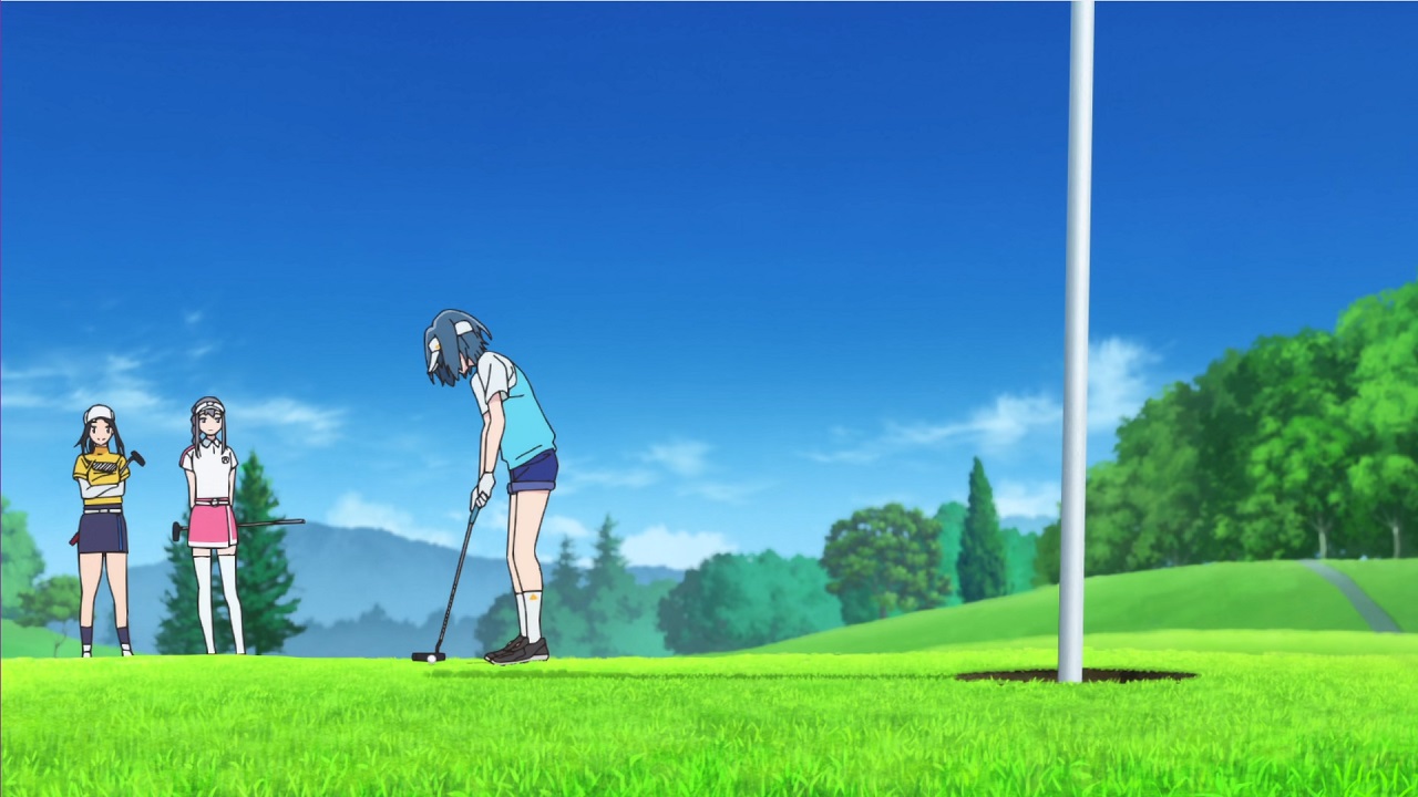 Minami is about to putt while her two friends look on from a distance