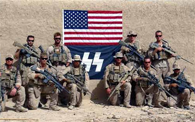 US marines posing with SS symbol flag