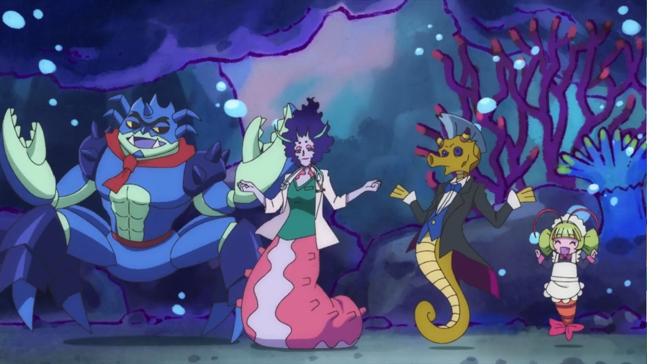 The villains: hermit crab Chogire, sexy sea slug Numeri, the sea horse Butler and Elda the child maid prawn.