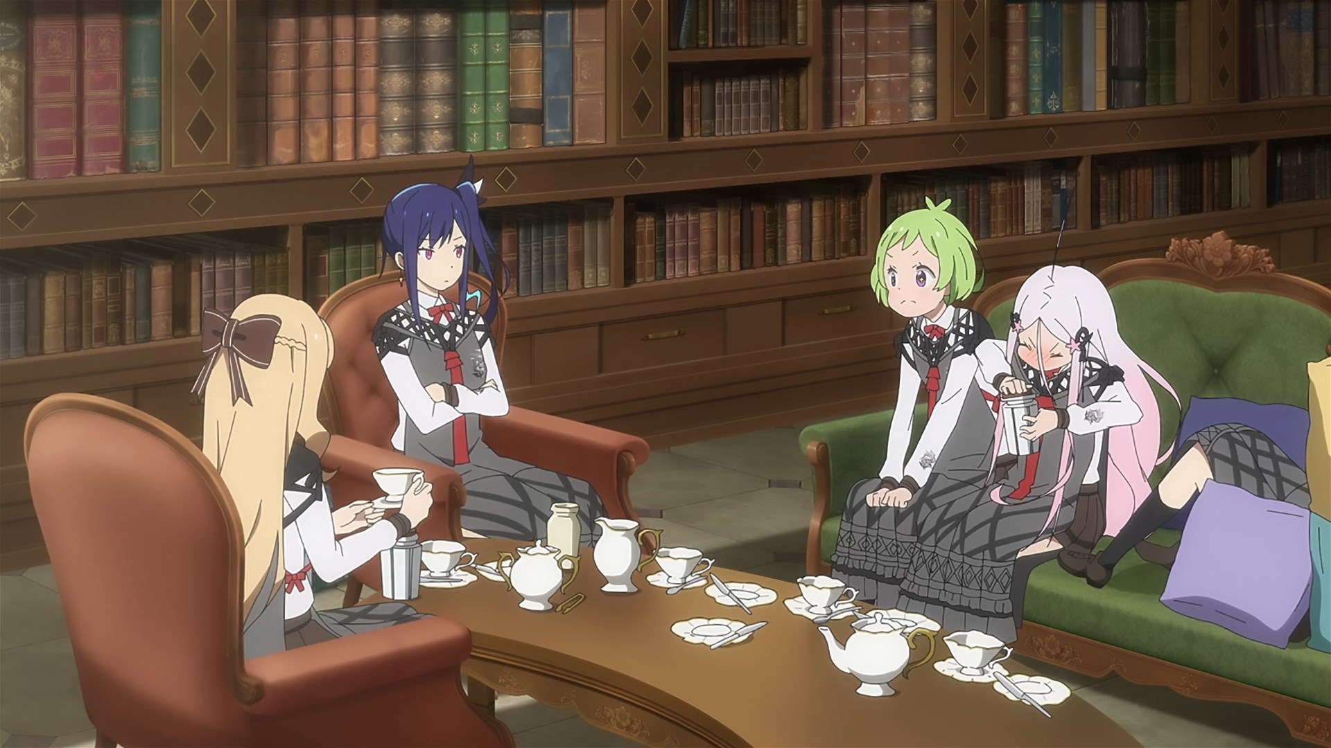Five cute girls having a tea party. One is struggling to open a jar