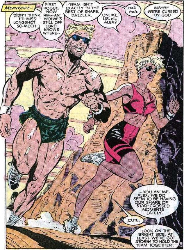 Havok and Dazzler going for a run. Havok is topless and sweaty, Dazzler is tanned and wearing a crop top.